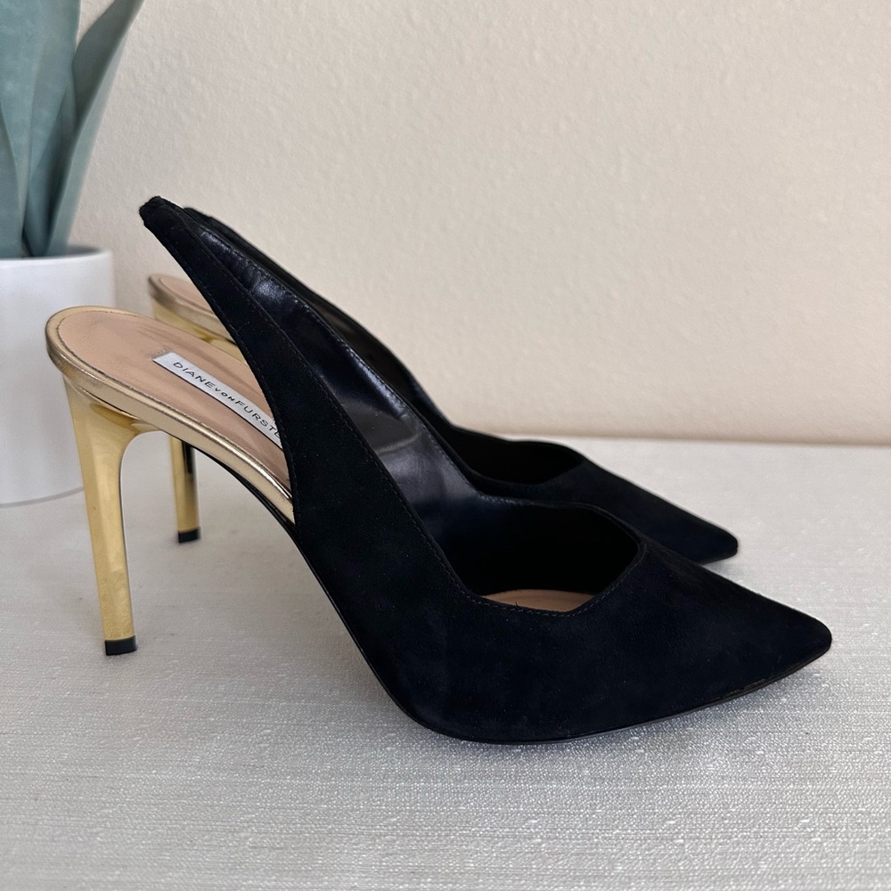 Diane Von Furstenberg Black Suede Gold Cour Slingback Heels Women’s 7.5B Italy